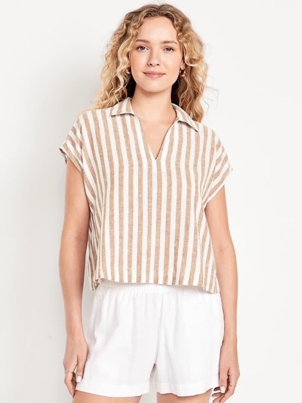 Striped V-Neck Linen blend Collared Short Sleeve Top